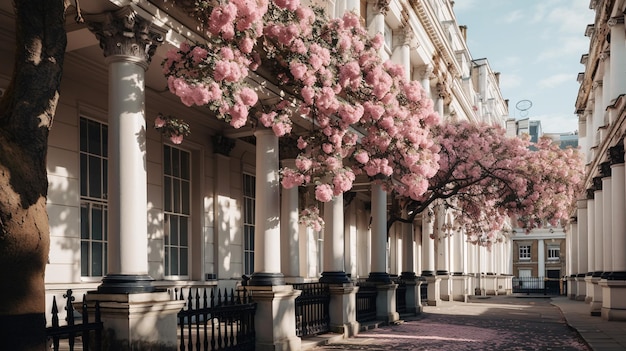 Różowe kwiaty przed neoklasycystyczną architekturą Wiosenna scena w Londynie