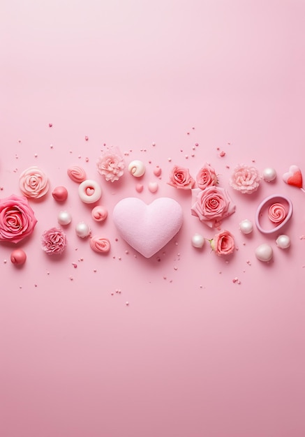 Zdjęcie różowe kwiaty różowe i różowe serce z różowym tłem ulotka miłosna