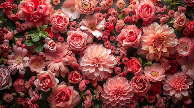 Różowe kwiaty są ułożone w dużej ścianie