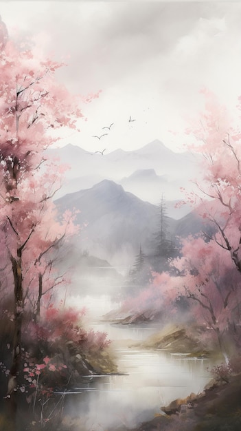 Różowe kwiaty sakury w panoramicznej tapecie krajobrazowej Generacyjny obraz AI