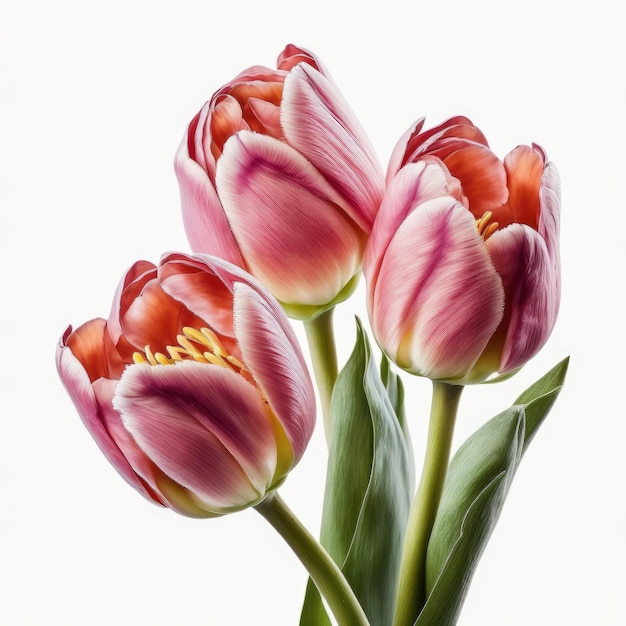 Różowe kwiaty tulipanów na białym tle ilustracja generatywna AI