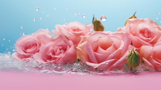 Różowe kwiaty w wodzie z kroplami na letnim tle minimalistyczne abstrakcyjne naturalne tło GENERUJ AI