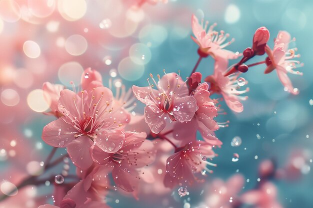 Różowe kwiaty wczesnej wiosny na gałęziach drzew po deszczu