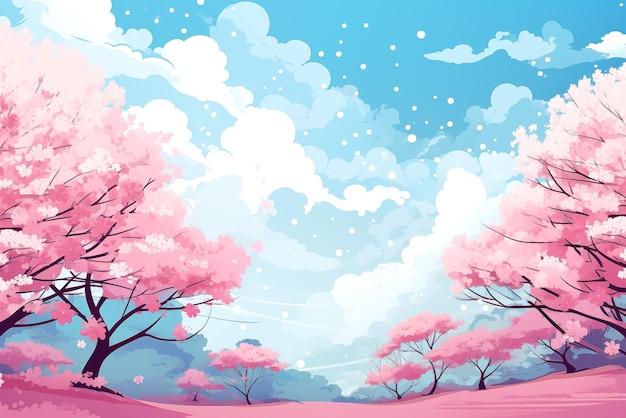 Zdjęcie różowe kwiaty wiśni sakura pod jasnoniebieskim niebem z puszystymi chmurami piękna wiosenna sztuka cyfrowa