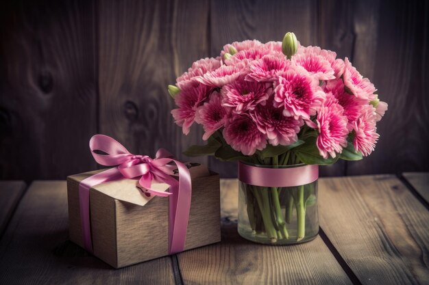 Różowe kwiaty z prezentem na drewnianym stole na dzień matki Ai generatywny