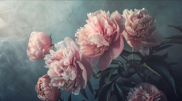 Zdjęcie różowe kwiaty z zielonymi liśćmi i mgłą w tle kwiaty kwitnące symbol wiosny nowego życia