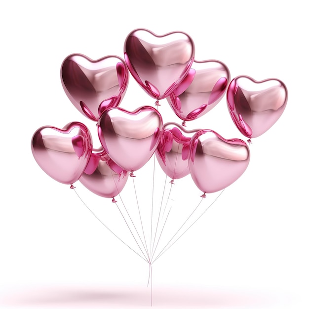 różowe latające błyszczące foliowe balony serca na białym tle