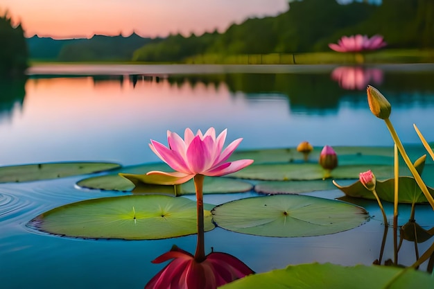 różowe lilii wodne przed jeziorem z różowymi liliami wodne na tle