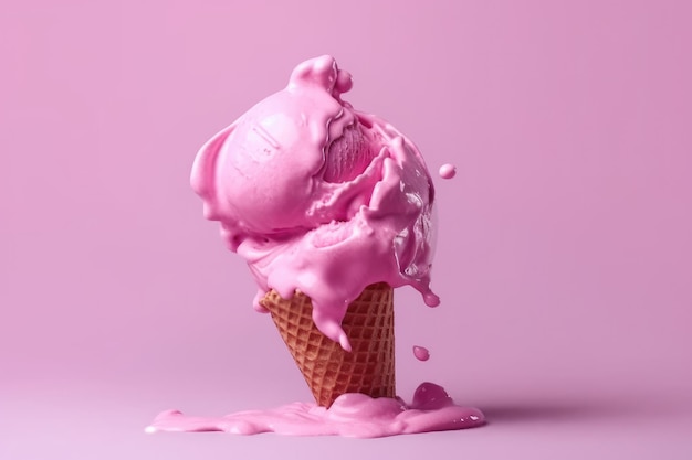 Różowe lody w rożku waflowym o smaku gumy balonowej. Pyszny letni deser. Generatywna sztuczna inteligencja