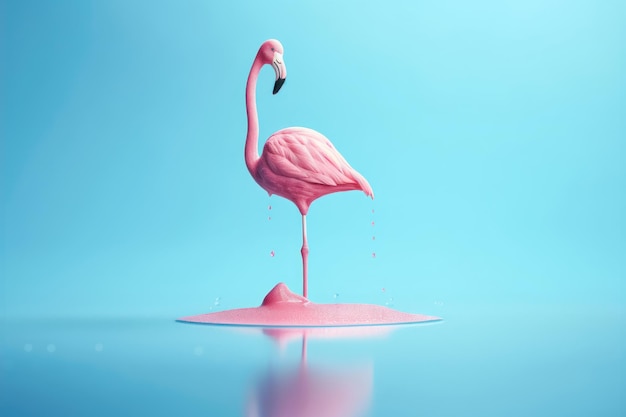 Zdjęcie różowe lody w sztyfcie topiące się z pływakiem flaminga na pastelowym niebieskim tle ai wygenerowane