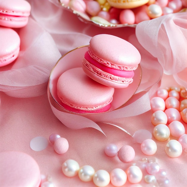 Różowe makarony i różowe perły modne tło ilustracja 3D widok z góry słodkie cukierki