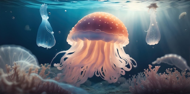 Różowe meduzy pływające w wodzie Podmorski świat