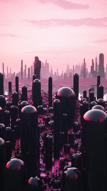 Różowe miasto z czarnymi szklanymi kulami na ziemi