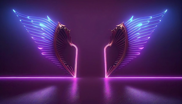 Różowe niebieskie światła neonowe skrzydła anioła sztuka abstrakcyjna geometryczne tło spektrum UV futurystyczna tapeta