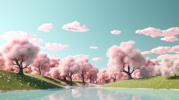 Różowe niebo z chmurami i drzewami na pierwszym planie.