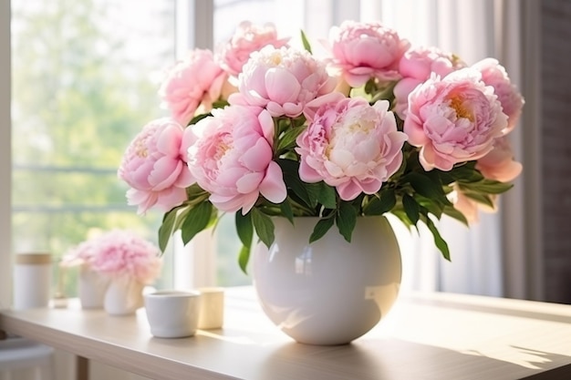 Różowe piwony w białych emaliowanych wazonach kwiatów bukiet na drewnianym stole w białym prowansyjskim wnętrzu domu