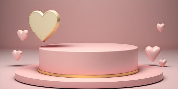 Różowe podium lewitacji na izolowanym tle sceny 3D z różowym i złotym sercem Sh
