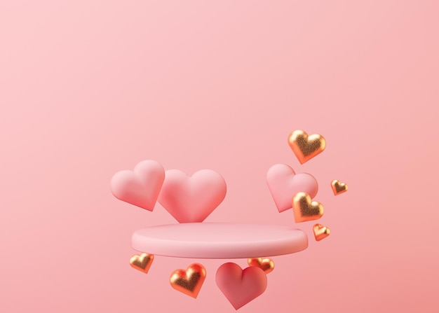 Różowe podium z sercami latającymi w powietrzu Walentynki Rocznica ślubu