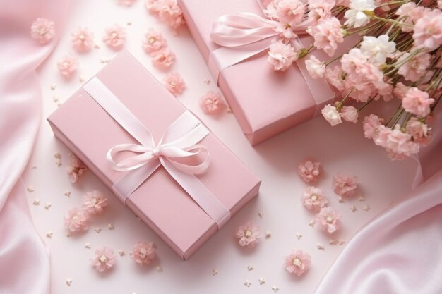 Różowe pudełka na prezenty na różowym tle z kwiatami Ilustracja generatywna AI