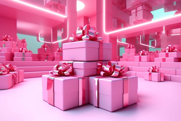 Różowe pudełka na prezenty z różowymi kokardkami Generative AI