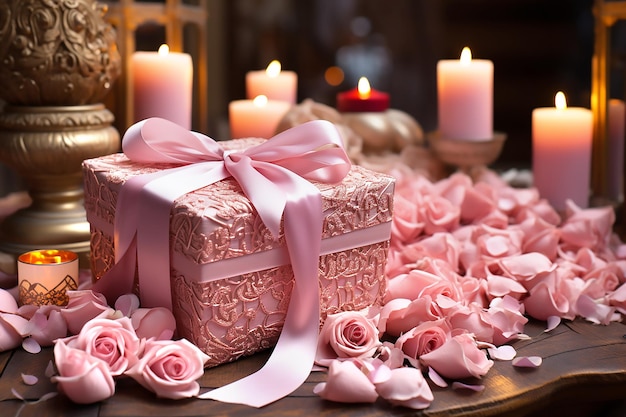 Różowe pudełko upominkowe z różową kokardką, różowymi świecami i różami na Walentynki Generacyjna AI