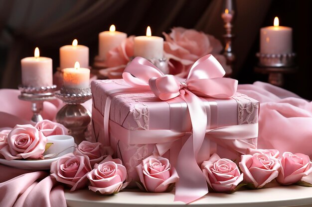 Różowe pudełko upominkowe z różową kokardką, różowymi świecami i różami na Walentynki Generacyjna AI