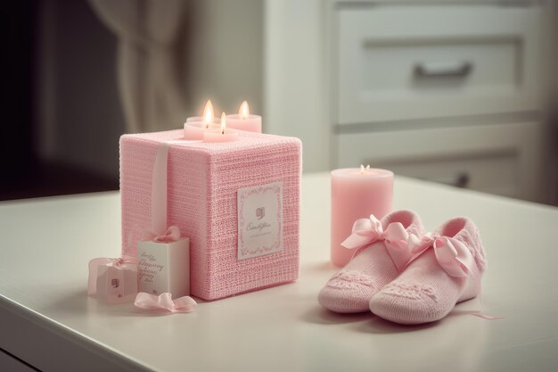 Różowe pudełko ze świecą i butami
