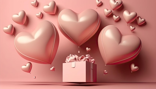 Różowe pudełko ze złotą wstążką i sercem romantyczny transparent koncepcja miłości na różowym tle Renderowanie 3D Generative AI