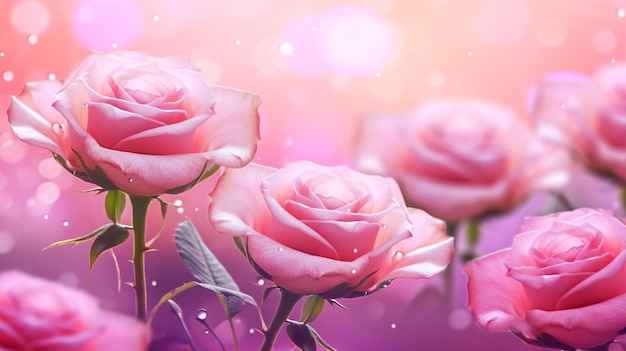 Zdjęcie różowe róże akwarelowe na rozmazanym różowym tle