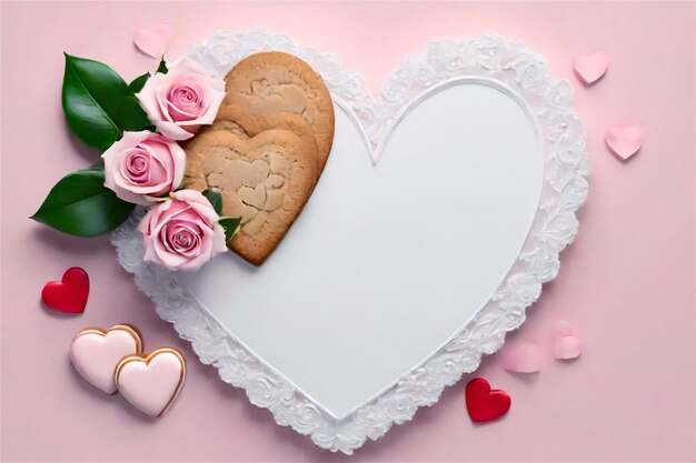 Zdjęcie różowe róże i piernik w kształcie serca na pięknym stojaku koncepcja dnia walentynek
