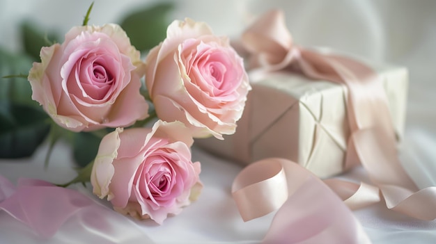 Różowe róże i pudełko na tle białej tkaniny