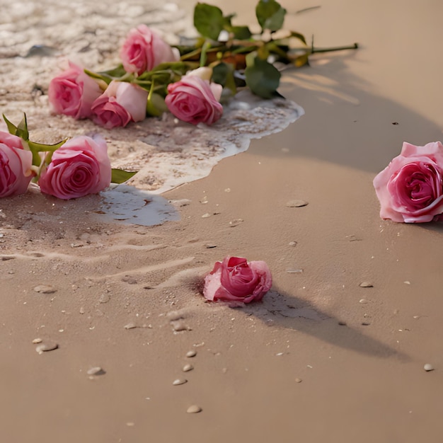 Zdjęcie różowe róże leżące na stole z białą szmatą na nim