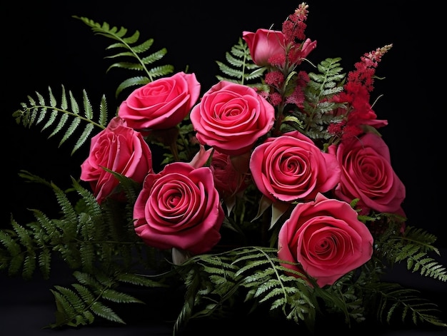 Zdjęcie różowe róże w bukietie z paprociami