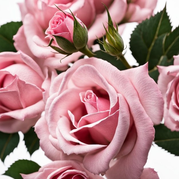 Różowe róże w pełnym rozkwicie z bocznego kąta widzenia na białym tle