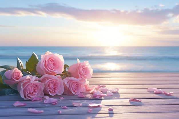 Różowe róże wdziękują drewniany stół na tle romantycznej plaży