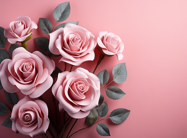 Różowe róże z izolowanymi liśćmi na różowym tle