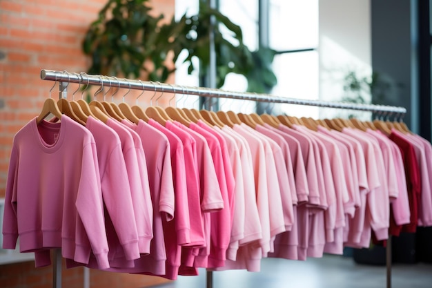 Różowe rzeczy w różnych odcieniach odzież sportowa i bluzy wiszą na wieszaku w sklepie