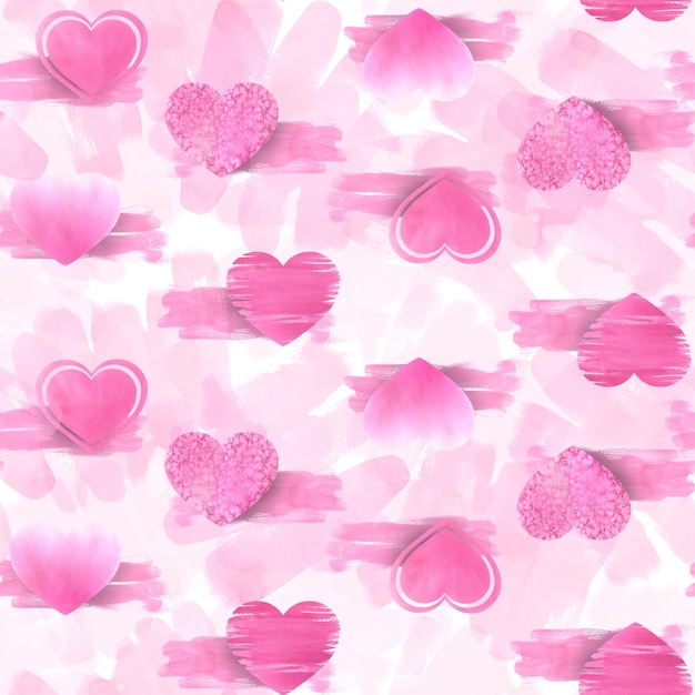 Różowe serca na białym tle z plamami i plamami farby Akwarela ilustracja Jednolity wzór z kolekcji WALENTYNKI Do dekoracji i projektowania papieru opakowaniowego z tkaniny