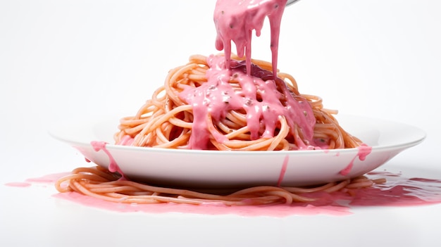 Różowe spaghetti z różowym sosem na białym tle