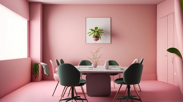 Różowe spotkanie biznesowe i sala robocza na temat koncepcji projektowania wnętrz budynku biurowego