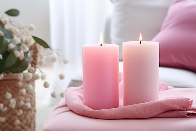 Różowe świece z różową świecą na stole.