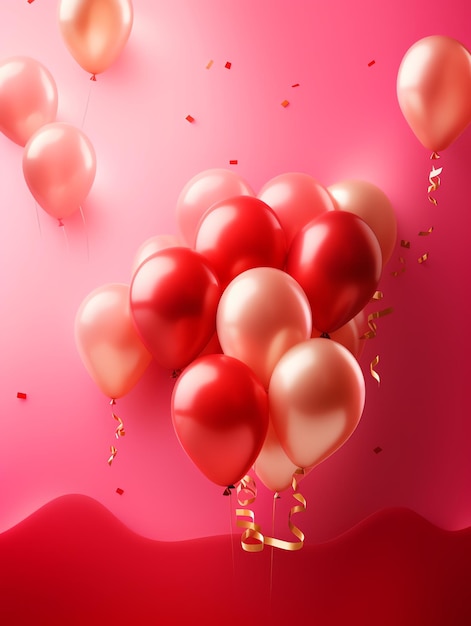 Różowe tło z bukietem balonów i konfetti