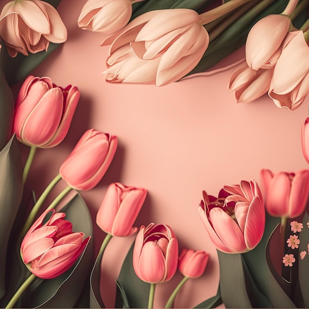 Różowe tło z bukietem tulipanów.