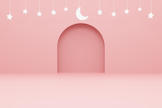 Różowe tło z gwiazdą ramadan kareem i islamską koncepcją renderowania ilustracji 3d