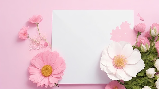 Różowe tło z kwiatami i białą kartką Arrangement kwiatowy z przestrzenią do kopiowania