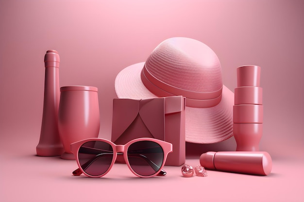 Różowe tło z okularami przeciwsłonecznymi, kapeluszem i butelką perfum.