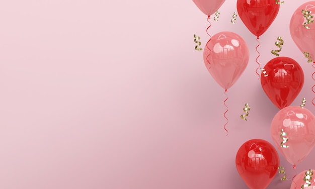 Różowe tło z realistycznymi różowymi i czerwonymi balonami Celebracja 3D Render