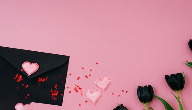 Różowe tło z sercami i czarną kopertą z czarną kopertą i czarną kopertą z czarną kopertą i czarną kopertą z ciasteczkiem w kształcie serca.
