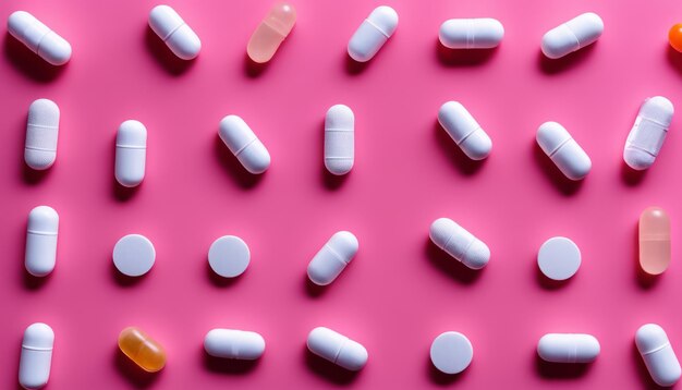 Różowe tło z wieloma różnymi kolorowymi tabletkami