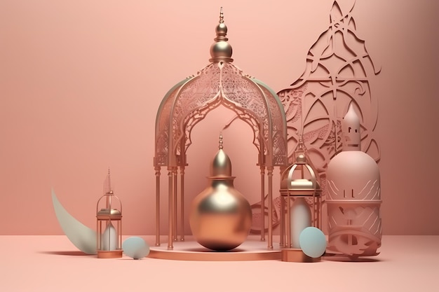 Różowe tło ze złotą kopułą i meczetem.